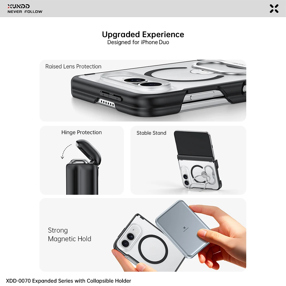 XUNDD For iPhone DUO 18 Fold Case MagSafe Magnetic Wireless Charging Built-in Screen Protector Anti-Yellow Shockproof Cover