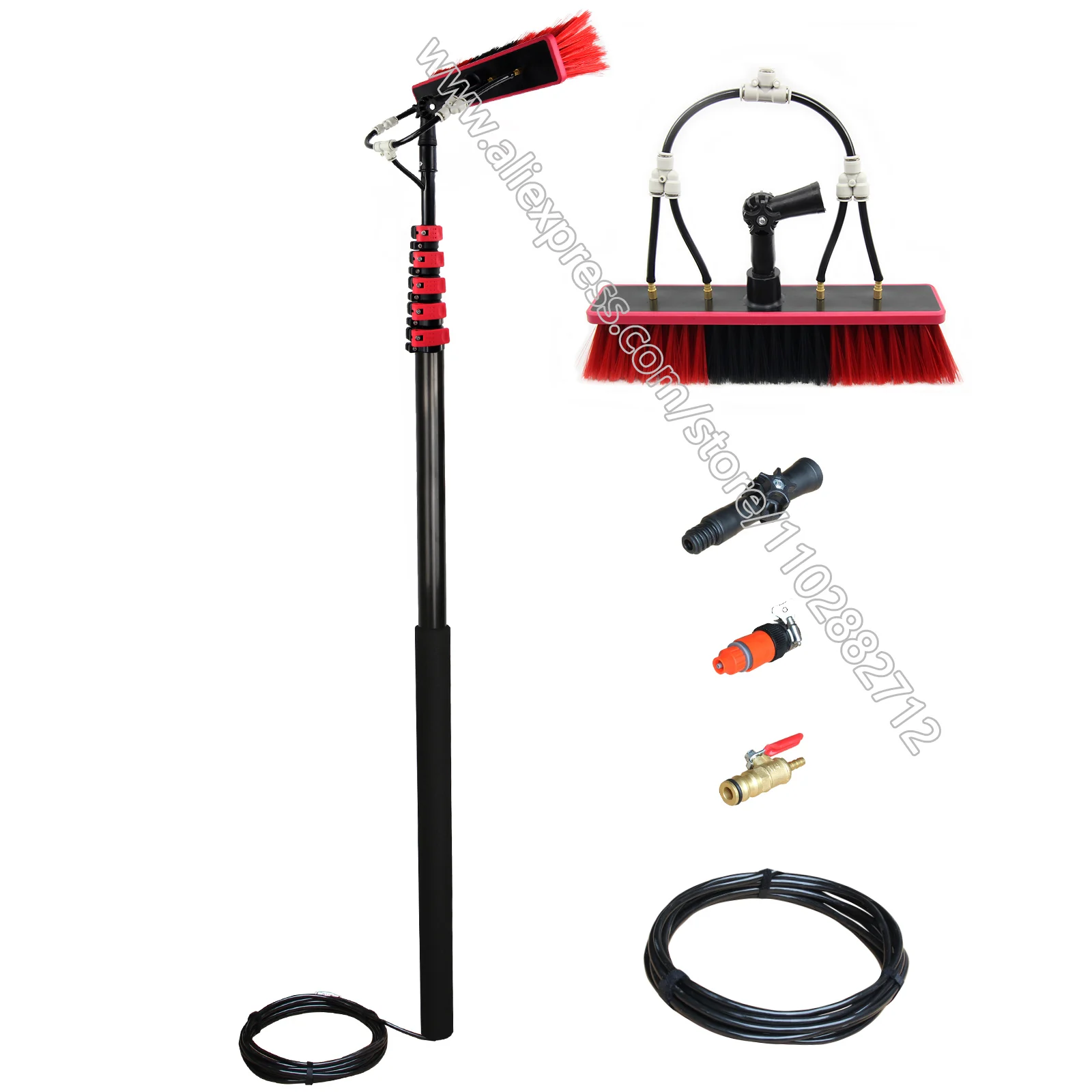 20 FT Window Cleaning Pole Water Fed Solar Panel Washing Kit System with Hose Telescopic Rotating Brush