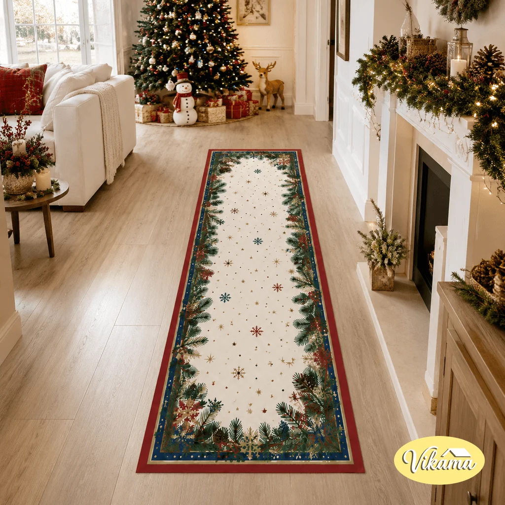VIKAMA Christmas Flannel Carpet Kitchen Water Absorbent Dining Room Living Room Corridor Easy-To-Maintain Rug Home Decoration