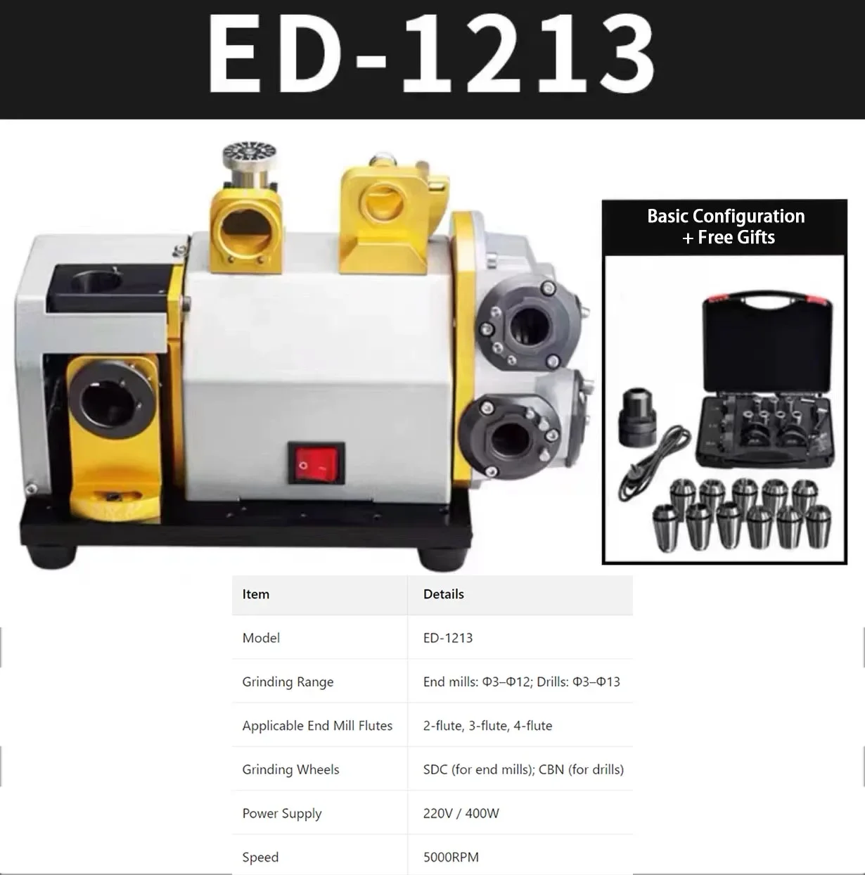 234-Blade Ball Cutter Flute End Mill Sharpener Grinding Cutting Machine 5000rpm Grinder for 3-12mm Tools 220V