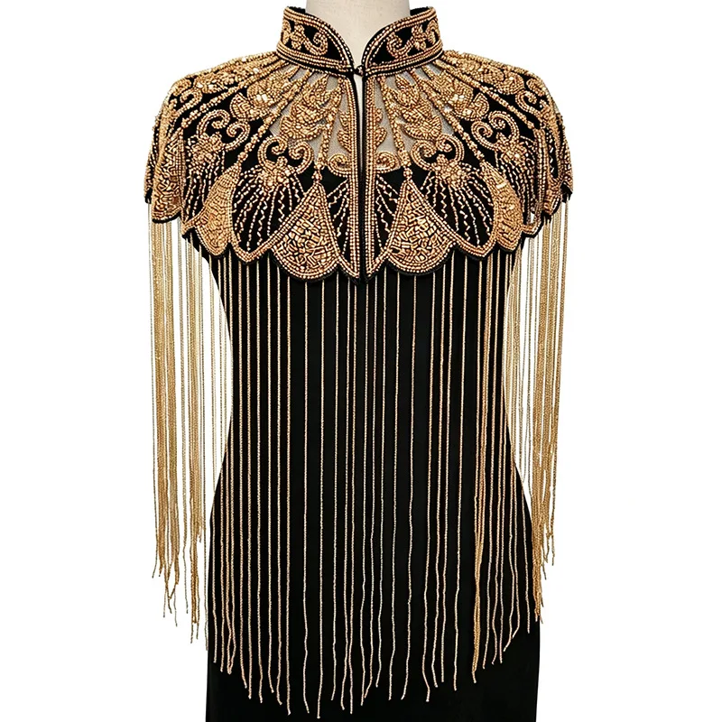Women Hand Beaded Fringe Cape Shawl Stand Collar Sequined Rhinestone Shoulder Cover for Formal Banquet Cocktail Party