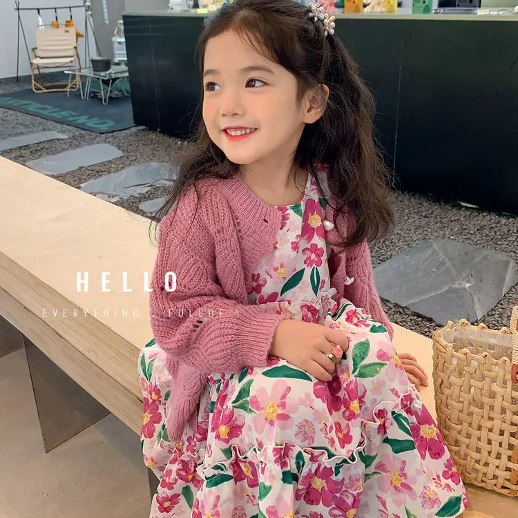 

Girls Autumn Clothing Two-Piece Floral Dress Suit Spring and Autumn New Girls' Knitted Cardigan Children's Skirt