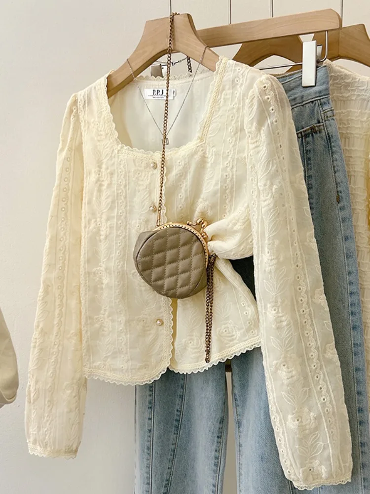 Ele Long Sve pizzo ricamato irt donna primavera autunno Faion colletto quadrato abbottonatura top in chiffon Age Defng