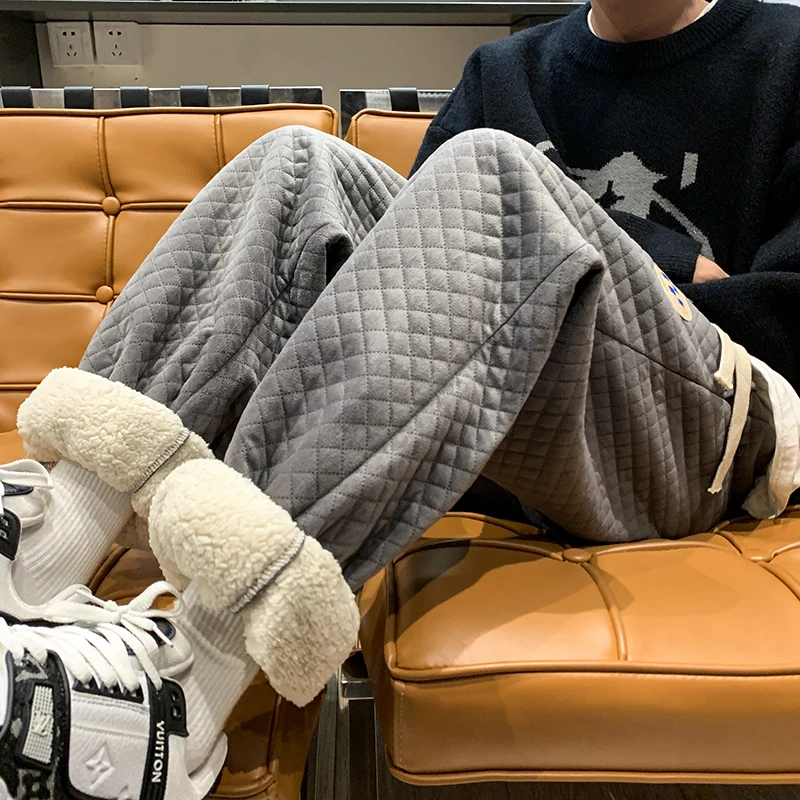 

Lamb Velvet Men's Casual Pants Diamond Pattern Thiened Winter Sports Trousers American Sle Cuffed Sweatpants