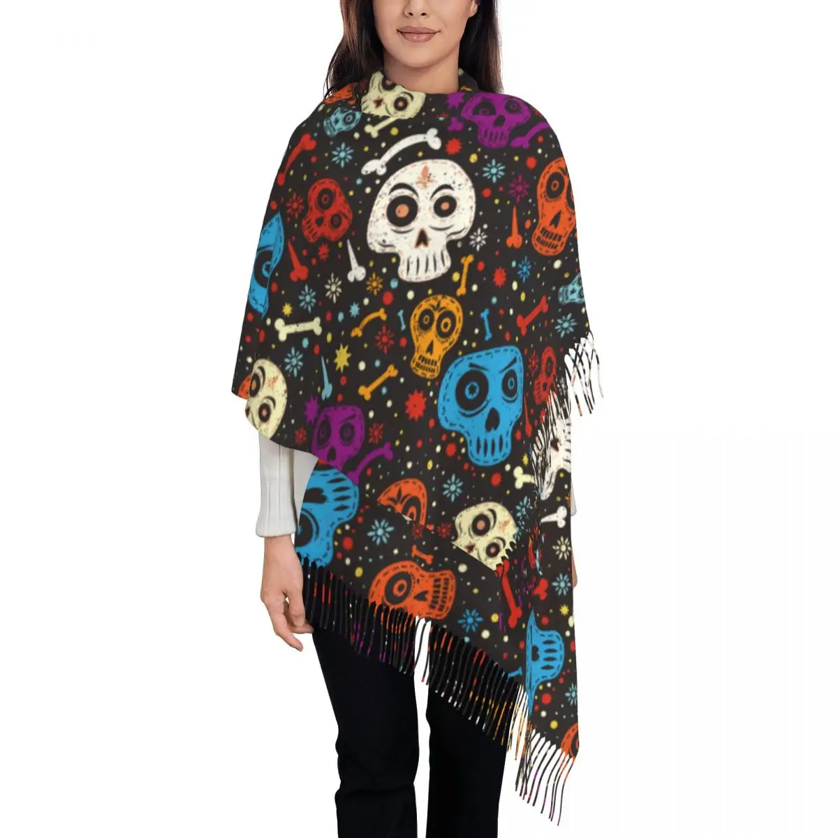 Day Of The Dead Colorful Mexican Skull Shawl Wraps Womens Winter Warm Large Long Scarf Flower dead day creepy Tassel Scarves