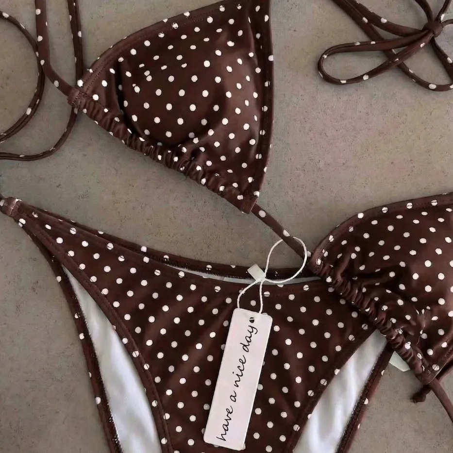 2 Piece Polka Dot Bikini Women Thong Lace-up Print Bathing Suits Halter String Triangle Bikini High Cut Swimsuits Swim Holiday