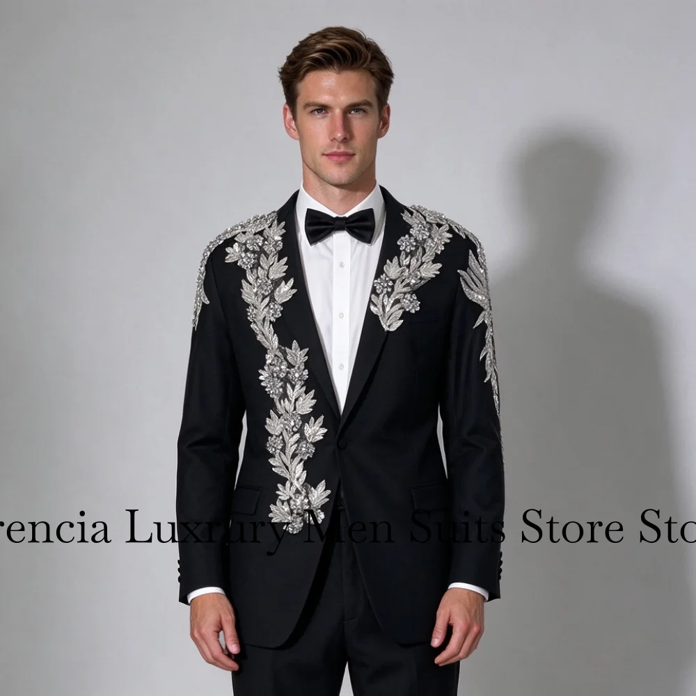 Elegant Diamond Sequin Men Suit 2 Pieces Set Male Party Blazers Customized Groom Wedding Tuxedos Slim Jewelry Trajes Para Hombre