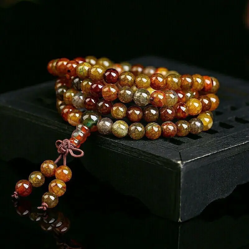 Natural Dragon Scale Agate Bracelet Rudraksha Mala Beads Necklace With 108 Prayer Bead Cracked Agate Bracelets Bangle Men Women view 2