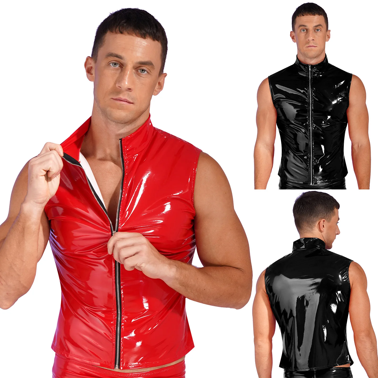 Mens Wetlook Shirt Fashion Zipper Sleeveless Vest Jacket Patent Leather Stand Collar Tank Tops for Clubwear Party Performance