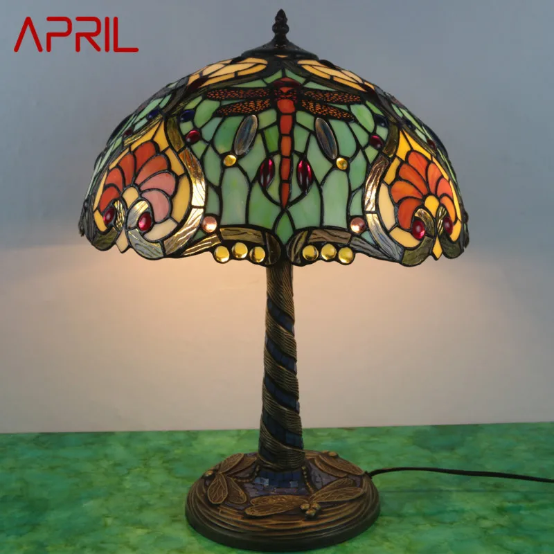APRIL Tiffany Glass Table Lamp LED Creative Retro Dragonfly Desk Light Fashion Decor For Home Living Room Bedroom Bedside