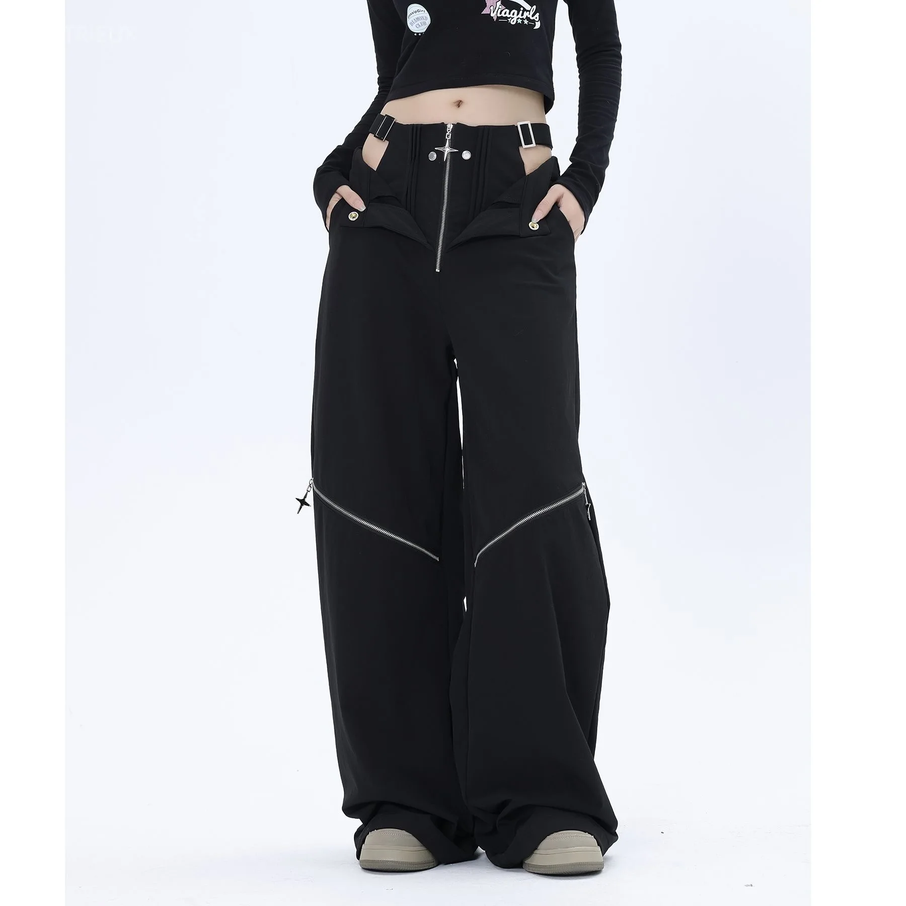 Streetwear Casual High Waist Hollow Out Pants Harajuku Solid Color Loose Wide Leg Y2k Aesthetic Women Zipper ​Grunge Pantalones
