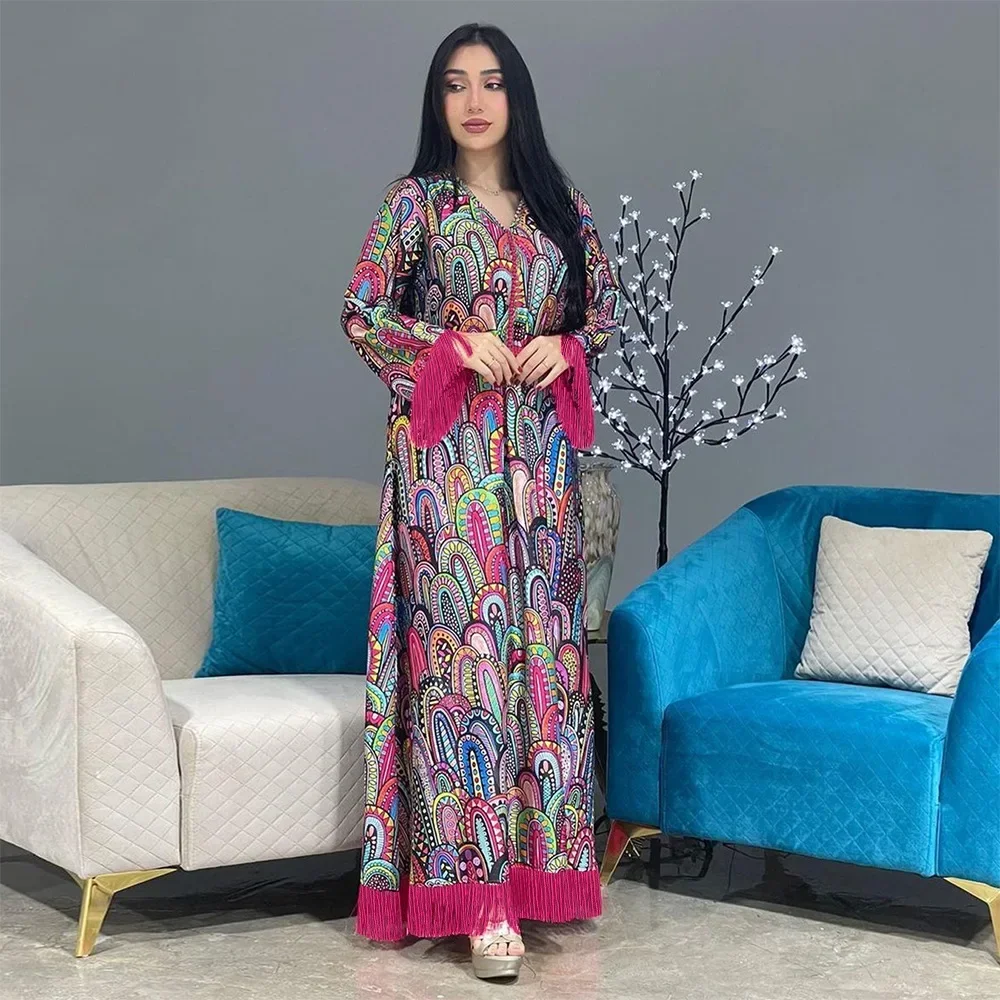 

Tassels Abaya Colorful Retro Geometric Printing Robe Long Dress Muslim Women Islam Fashion V-neck Kaftan Loose Hem Jalabiya Eid