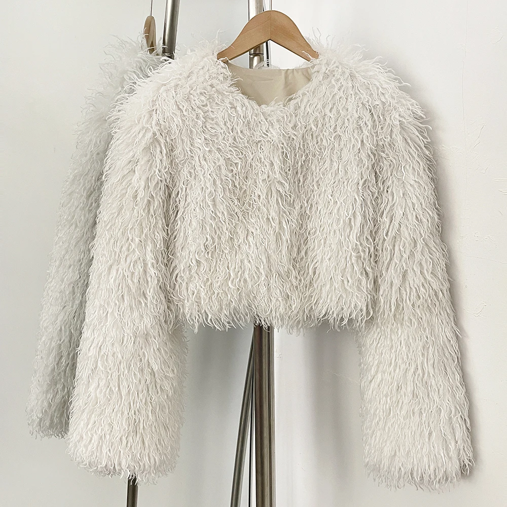 Kunstpelzmantel für Damen, Fell, flauschig, Herbst, kurzer Pelzmantel, umweltfreundlich, warm, weiblich, 2025, neue Winterjacke mit langen Ärmeln, O-Ausschnitt