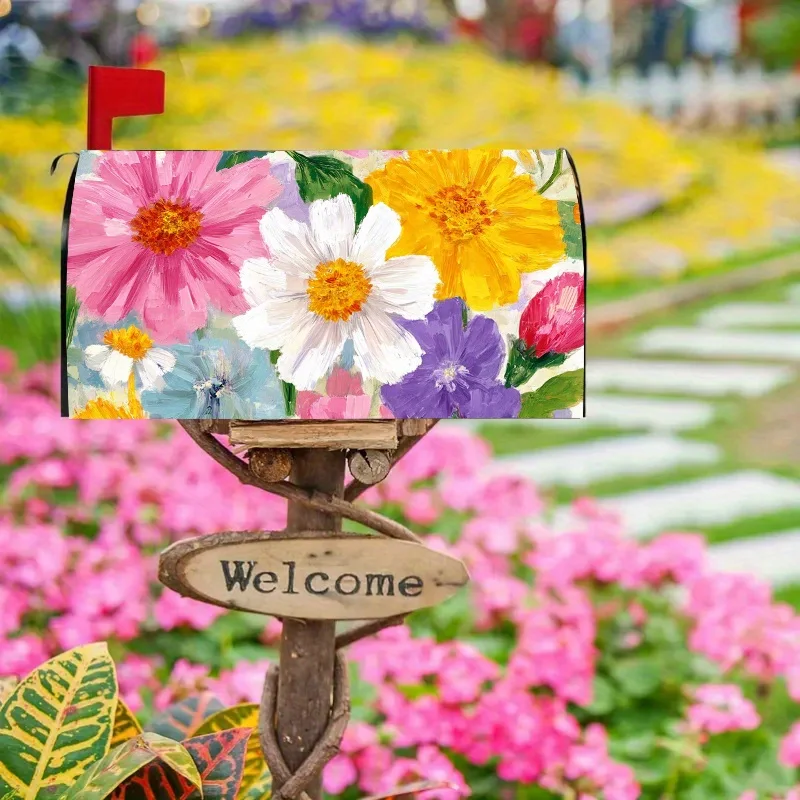 1pc Oil painting style colorful flower mailbox cover, suitable for outdoor mailbox decoration for spring, summer, yards, gardens