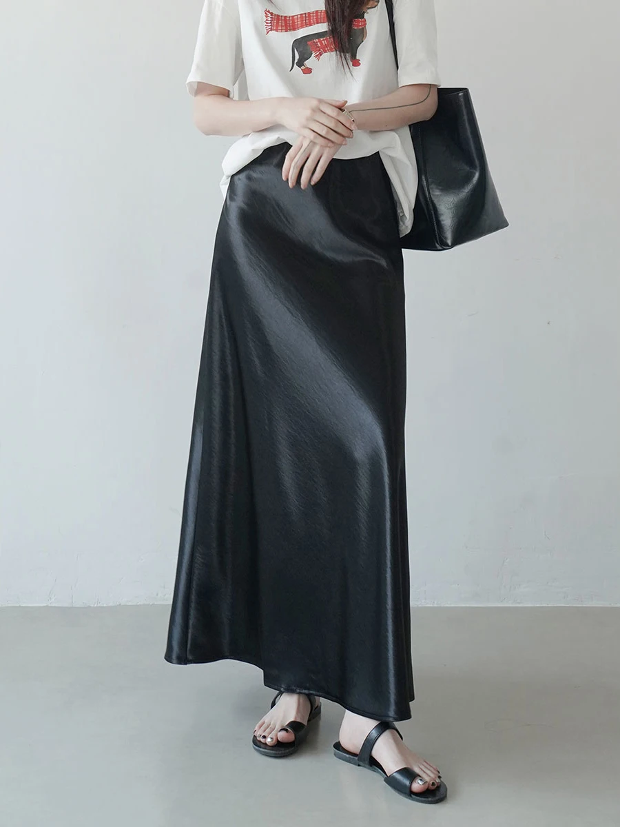 

Early Spring mat High Waist A-Line Skirt Women's Silk Satin Slimming Dra Long Skirt Fene Loose Feel Skirt