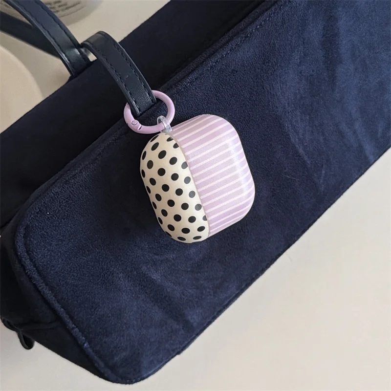 

Kawaii Polka Dot Stripe earphone cover with Keychain for 1 2 3 4 Pro Pro2 Pro3 Purple Beige Shockproof Protective Cover