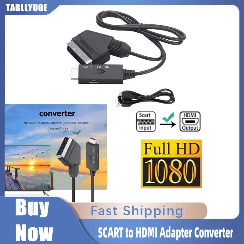 1080P SCART to HDMI Video Audio Converter 1M Cable SCART Input to HDMI-Compatible Output for HDTV Sky Box STB Plug Play