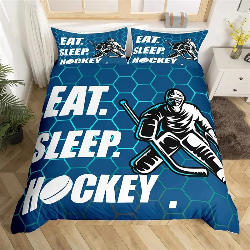 Ice Hockey Duvet Cover Set Full Queen Size Geometric Check Patchwork Stylish Bedding Set Athlete Winter Sports Comforter Covers 3
