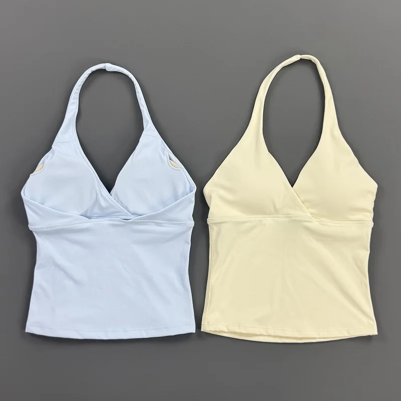 Women Halter Cropped Tank Top V‑Neck Built‑in Padded Bra Sleeveless Stretchy Soft Camisole Yoga Gym Workout Fitness ActiveWear image 4