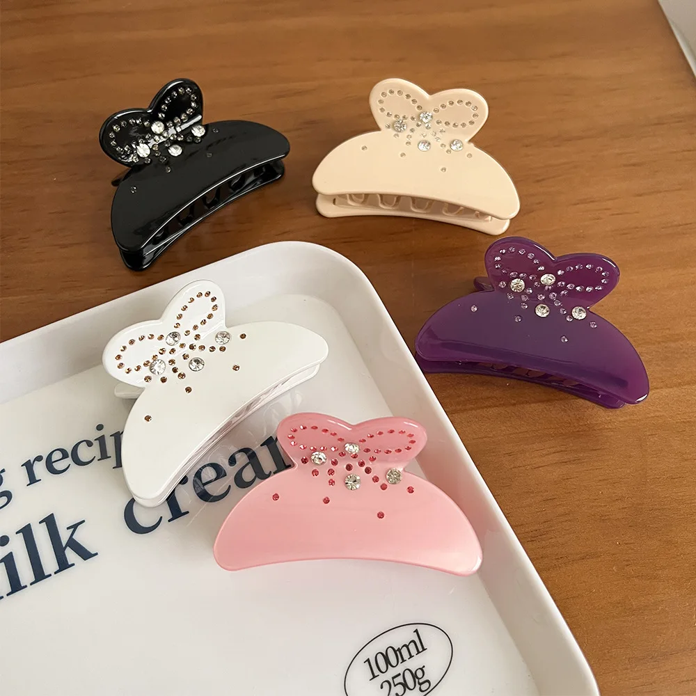 New Design Cute Bow Point Drill Hair Clips Elegant Solid Color Hair Claws Tail Headdress Medium Shark Clip Hair Accessories