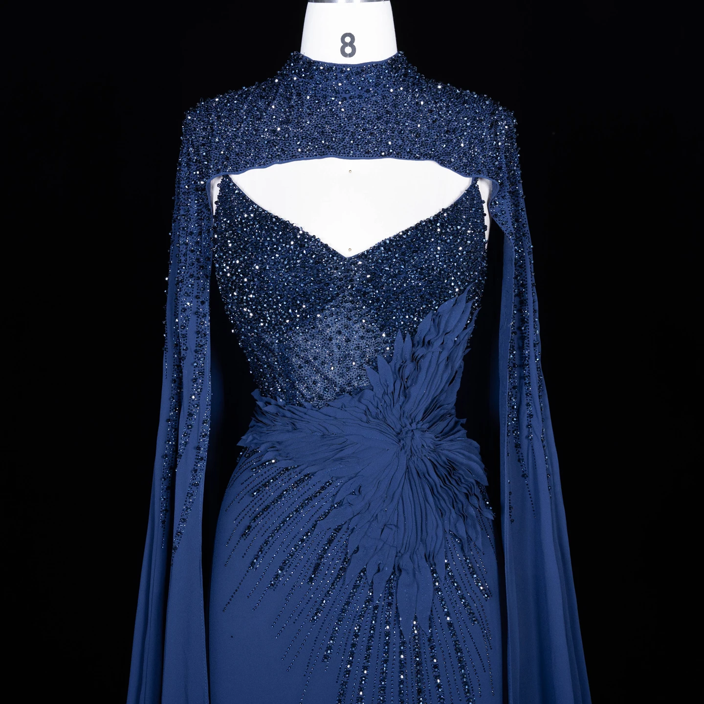 Sharon Said Abendkleider Luxuriöse Meerjungfrauen-Kleider mit V-Ausschnitt, Chiffon, Kristallen, Arabisch, Dubai, formelle Partykleider mit Umhang SS074 Maßanfertigung – Detail 7