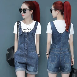 Salopette en jean denim pour femmes, barboteuse d'été, baggy, couleur unie, combinaison pour étudiants, style coréen décontracté, short en denim, robes à bretelles