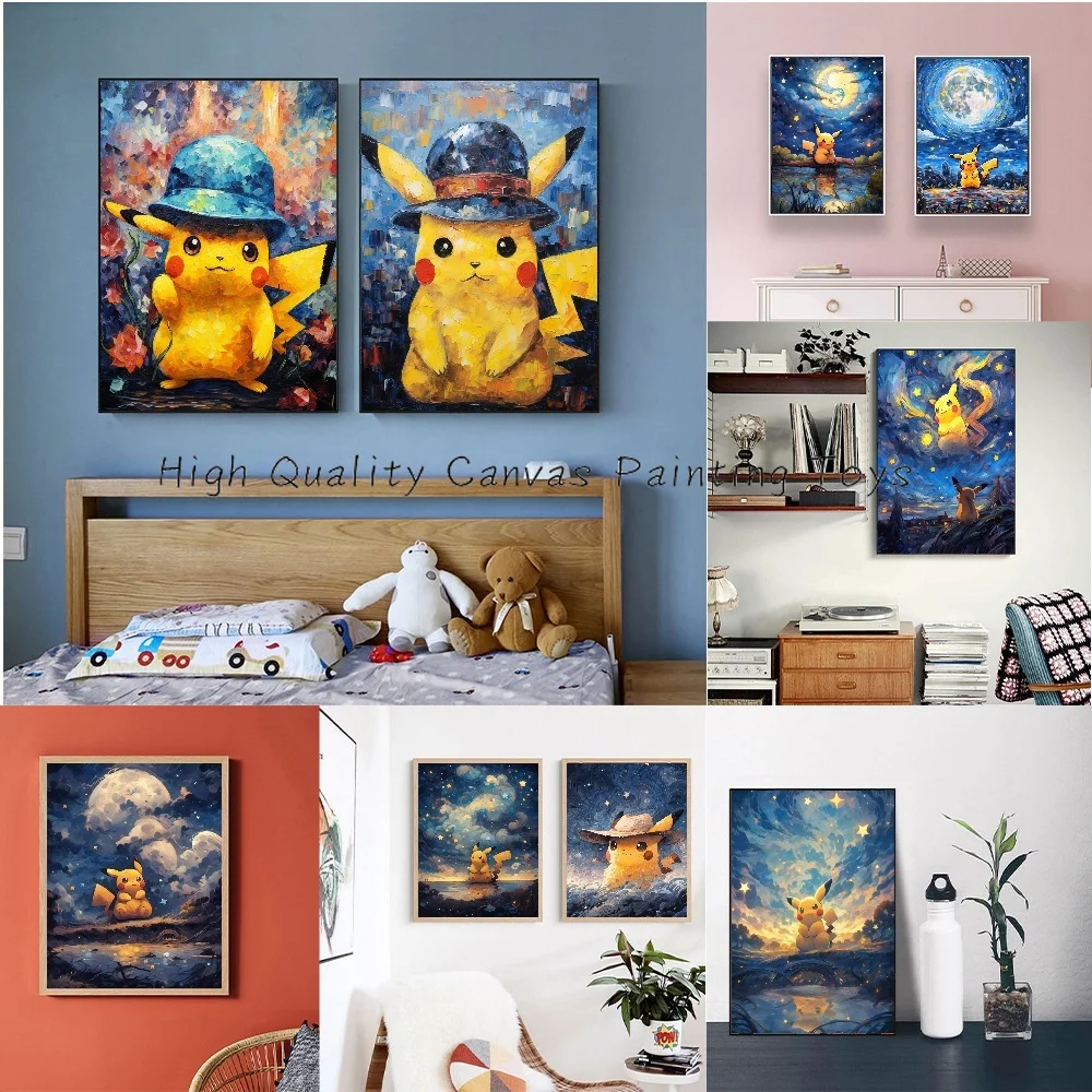 ภาพสีน้ำสไตล์โปเกมอนแวนโก๊ะรูปปั้นอะนิเมะ Pikachu โปสเตอร์ภาพวาดบุคคลผ้าใบพิมพ์ภาพศิลปะบนผนังห้องนั่งเล่น