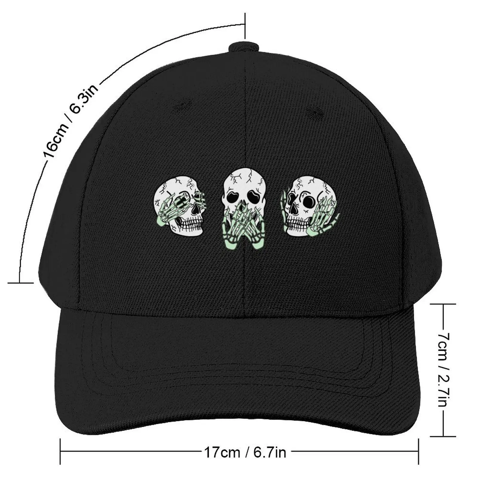 Three Skull Faces with Green Skeleton Hands Covering Eyes, Mouth, and Ears, made by EndlessEmporium Baseball Cap