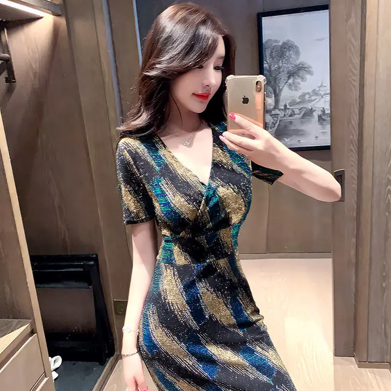 

Casual Short Sleeve V-Neck Dress Female 2023 New Summer Korean Wrap Hip Slim Over Knee Long Dress Women Dress Female Tops
