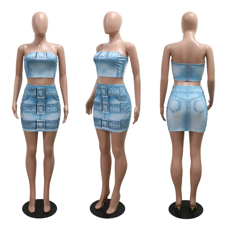 Skinny Faux Denim 3D Print Two Piece Sets Women Strapless Stretchy Slim Tank Crop Top and Mini Skirts Sexy Party Club Outfits