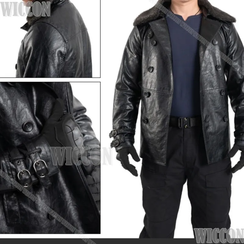 Leon Residenttt 9 Cosplay Dark Coat Leather Jacket Fur Collar Clothes Horro Game Man Suit Halloween Comic Con Festival Outfit view 6