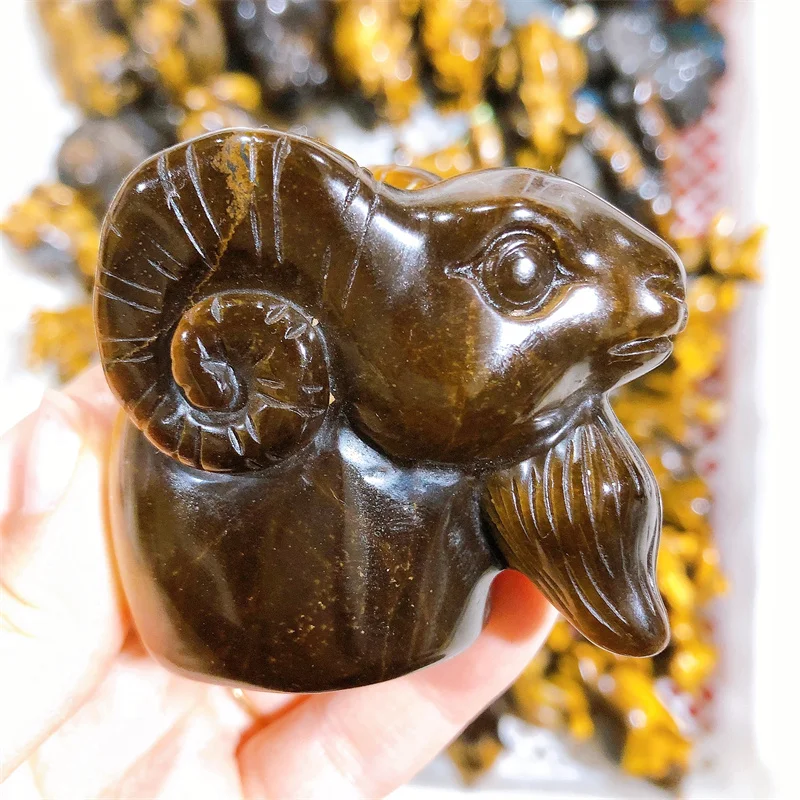 Natural Tiger Eyes Stone Goat Head Carving Healing Crystal Ornament Reiki Witchcraft Supplies Gemstone Chakra Home Decoration