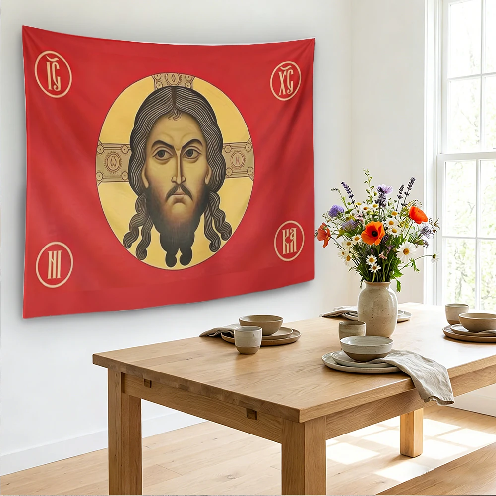 1pc Jesus Christ Face Religious Banner Russian Orthodox Cross Cyrillic XC Monogram Red Gold Fabric Banner with Garage Dorm Outdo
