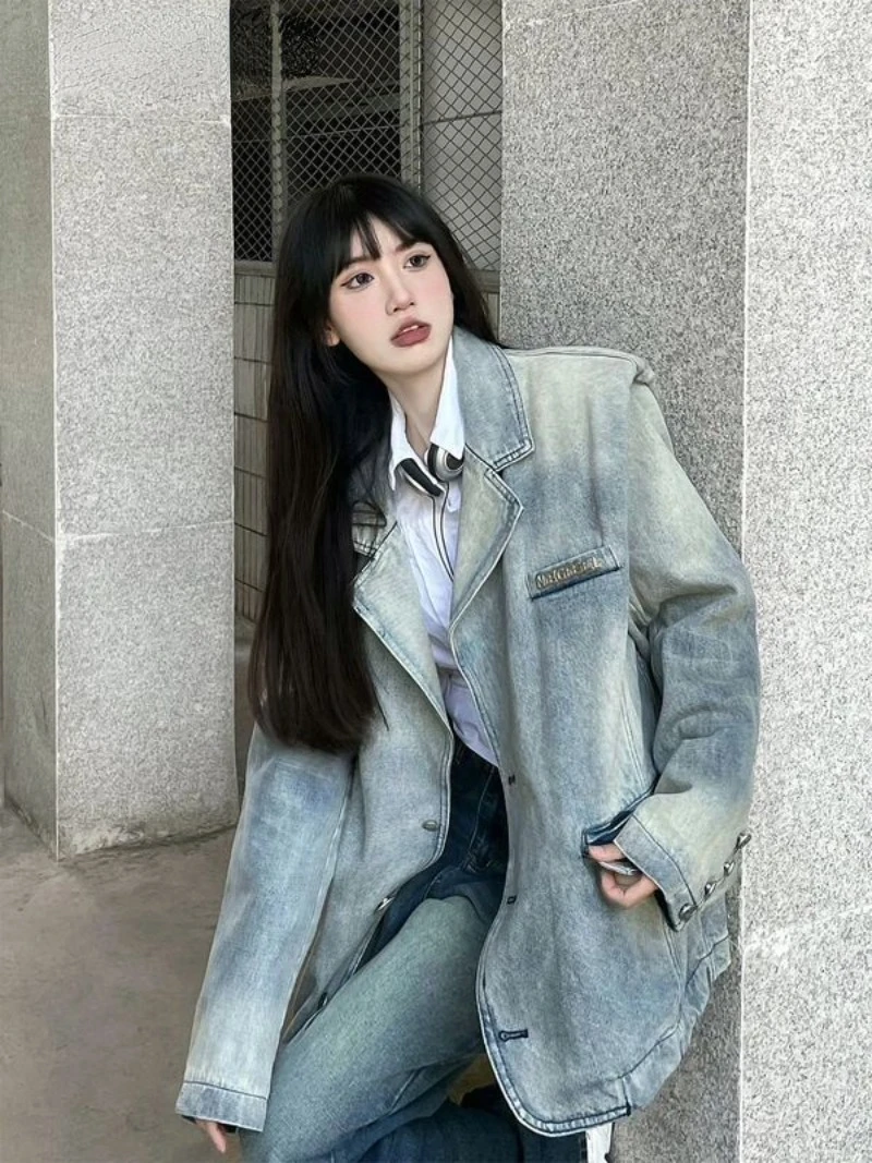 

Autumn Washed Make Old Blue Cowboy Suit Coat Denim Jacket Women Loose Texture Advanced Sense Fried Street Vintage Temperament