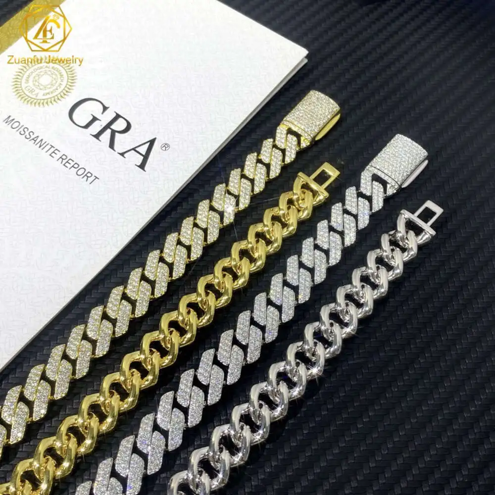 Fine Jewelry Men Necklace Sterling Silver 925 Iced Out Moissanite Hip Hop Iced Out Cuban Link Chain 8mm 10mm 12mm Width