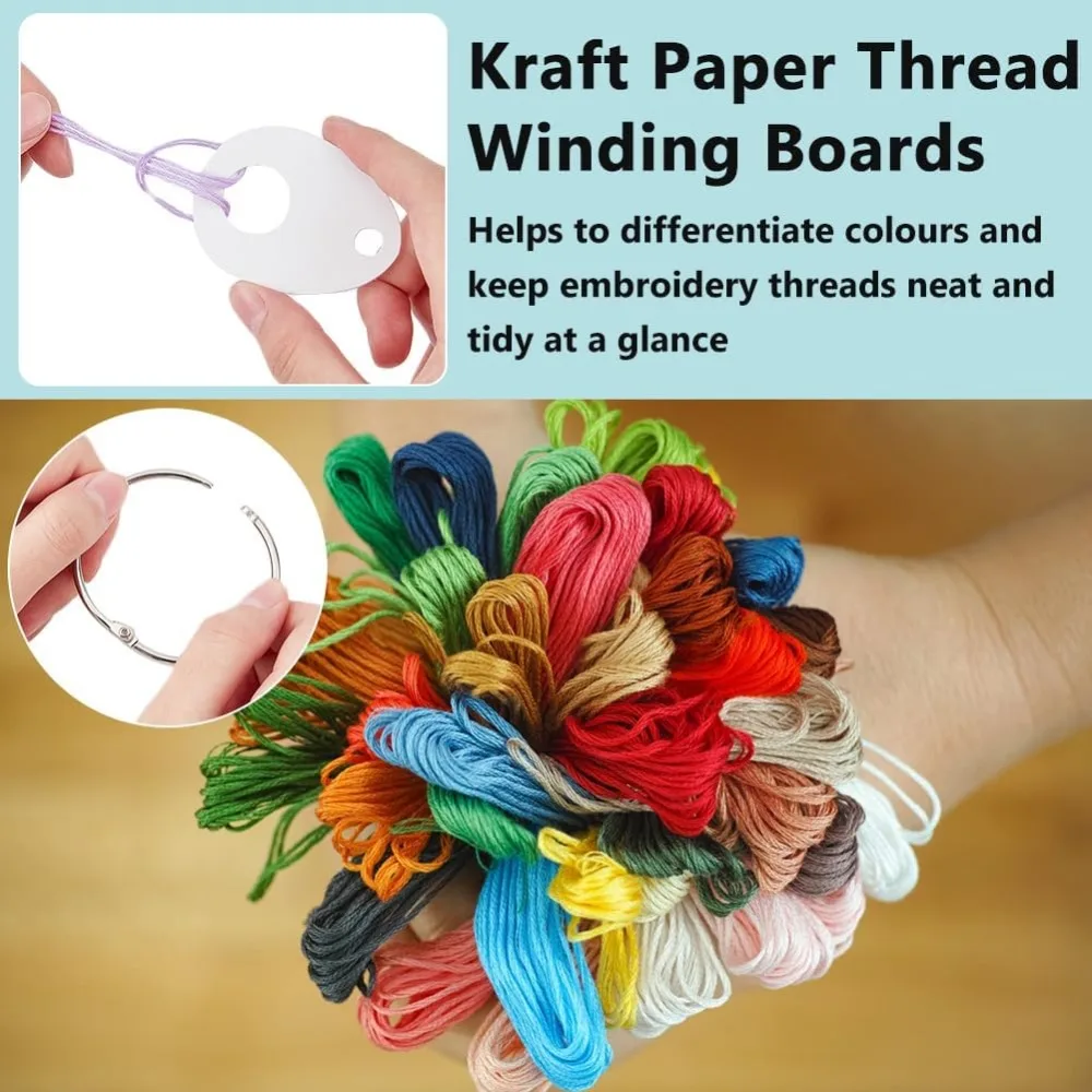 100PCS Needlework Thread Organiser, Teardrop Shape Paper Winding Thread Board Card, Embroidery Thread Organiser with 1 Iron