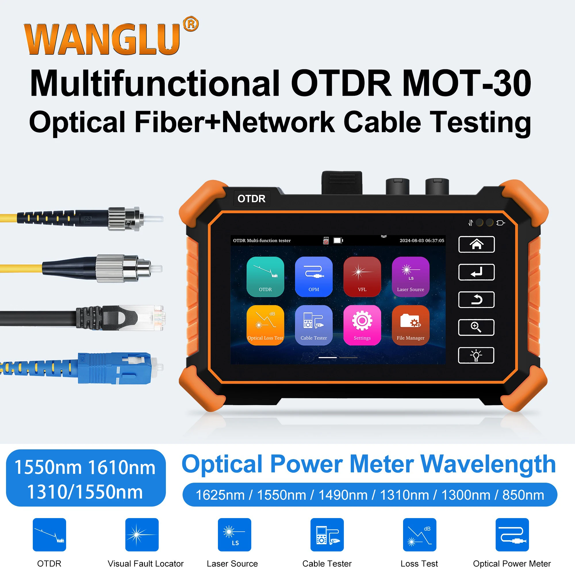 WANGLU Multi-Function OTDR Fiber Tester Optic Reflectometer 4” MOT-30 1550nm 1310/1550nm 1610nm with OPM VFL LS UTP Event Map