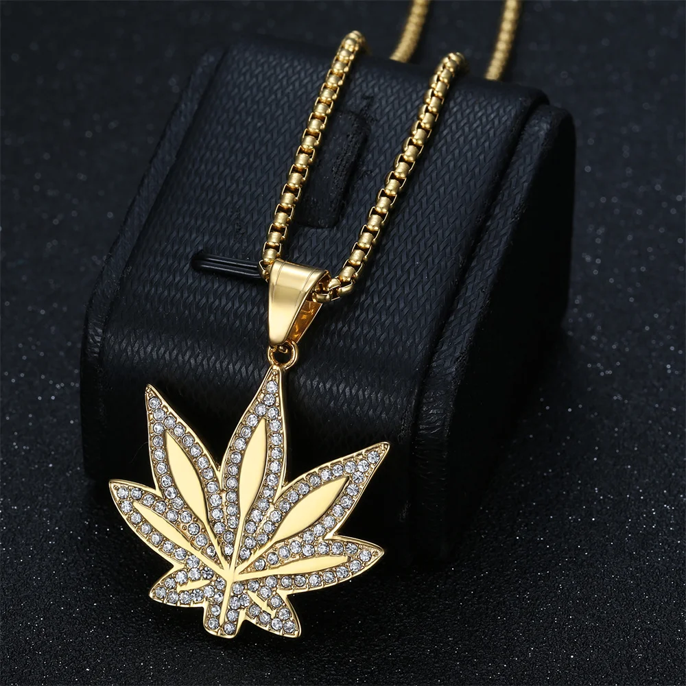 Anztilam No Fade Maple Leaf 316L Stainless Steel Iced Out Pendant with Long Link Chain Necklaces for Women Men Hip Hop Jewelry