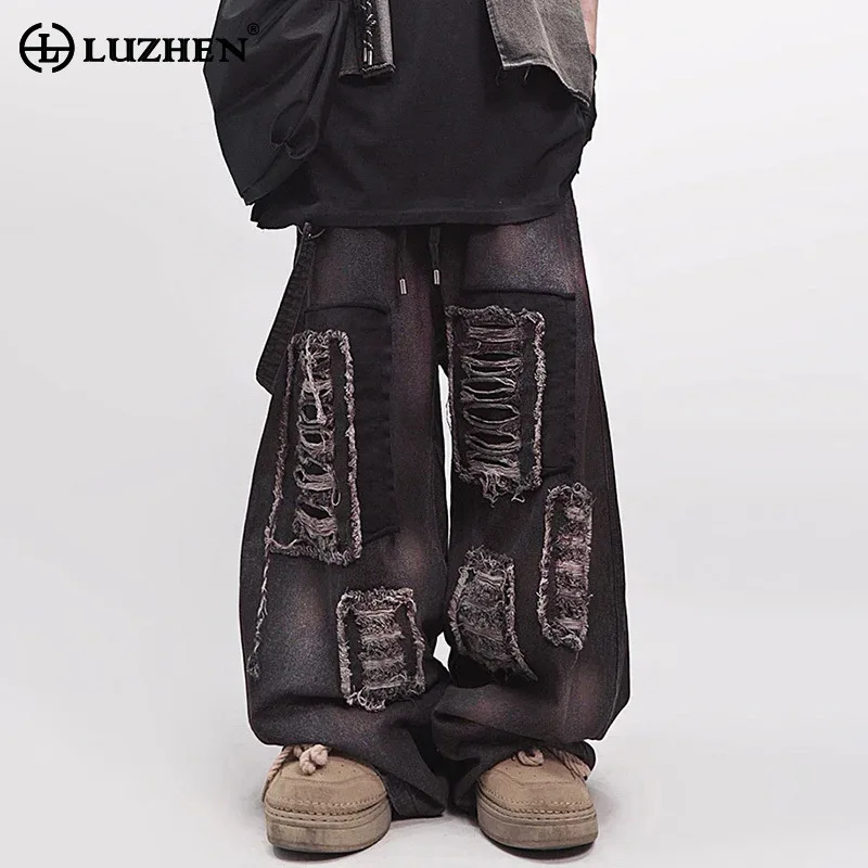 

LUZHEN Original Personalized Broken Hole Patched Design Loose Wide Leg Denim Pants Men's Streetwear 2025 New Trendy Jeans JY2458