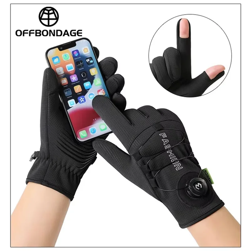 Winter Cycling Gloves Thermal Warm Fleece Lined Waterproof Anti-Slip Motorcycle Gloves Adjustable Rotary Buckle MTB