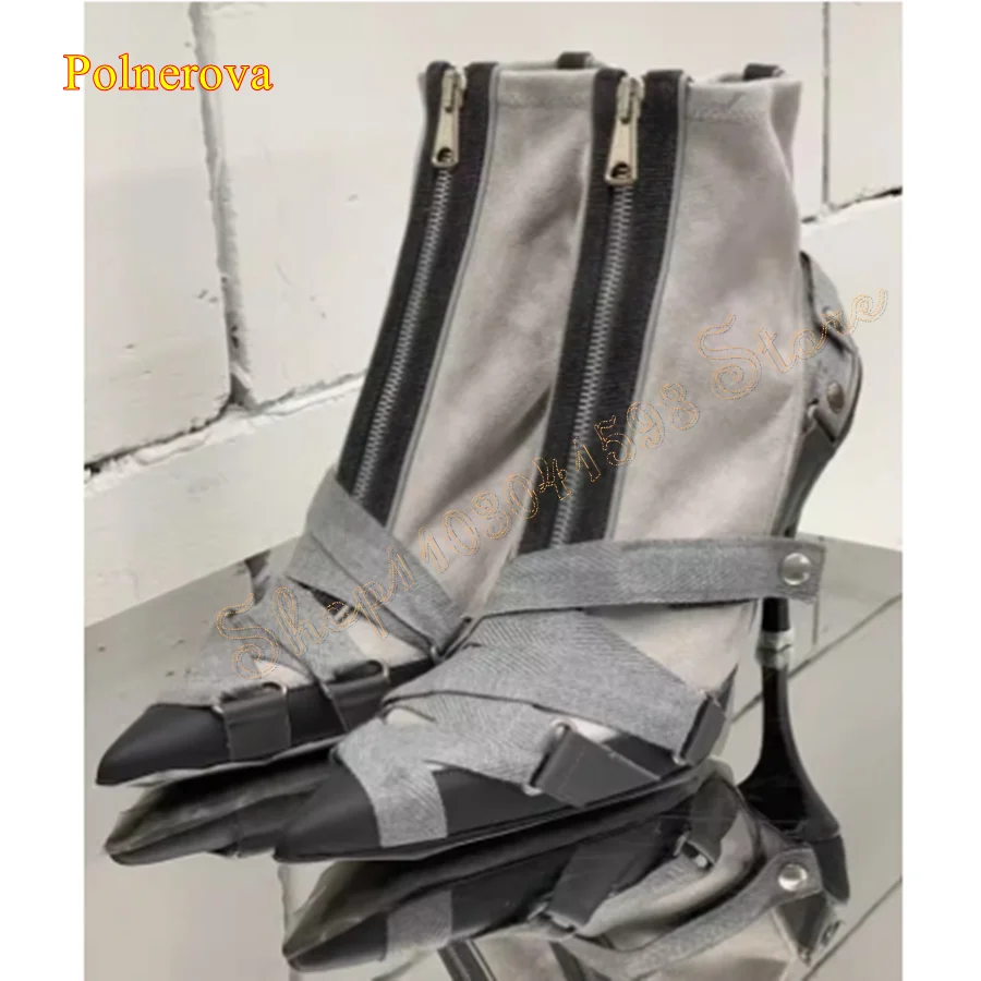 

Suede Denim Patchwork Boots for Women,Pointed Leather Toe Zippered Stiletto Heel Boots Plus Size 2024 New Zapatos Para Mujere