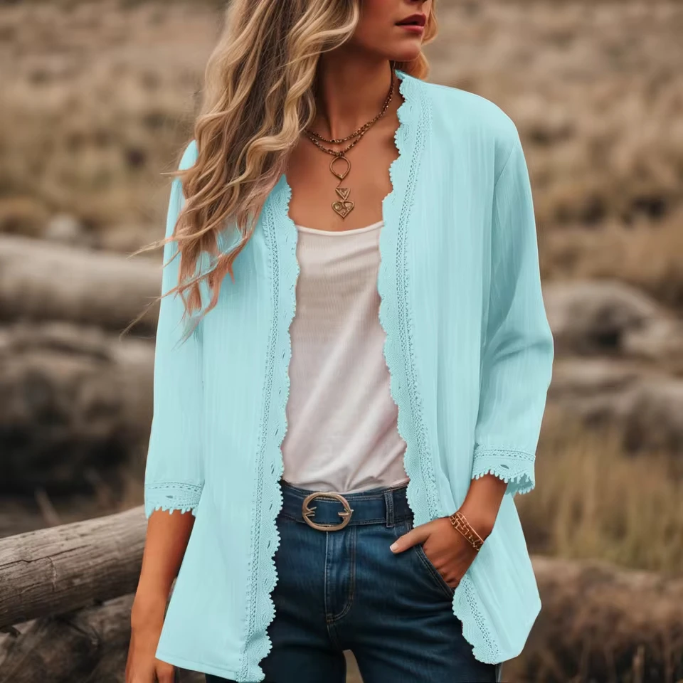 

Linen Solid Lace Womens Cardigans Summer Women'S Puff Sleeve Kimono Casual Loose Cover Up Boho Female Casual Lapel Cold Coat