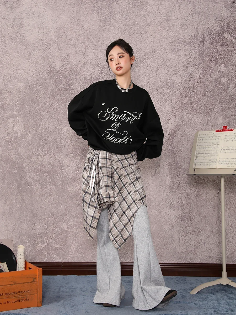 Korean Lazy Casual Style Hot Diamond Beads Round Neck Long Sleeve Loose Versatile Sweet Pullover Sweatshirts Women Tops Autumn
