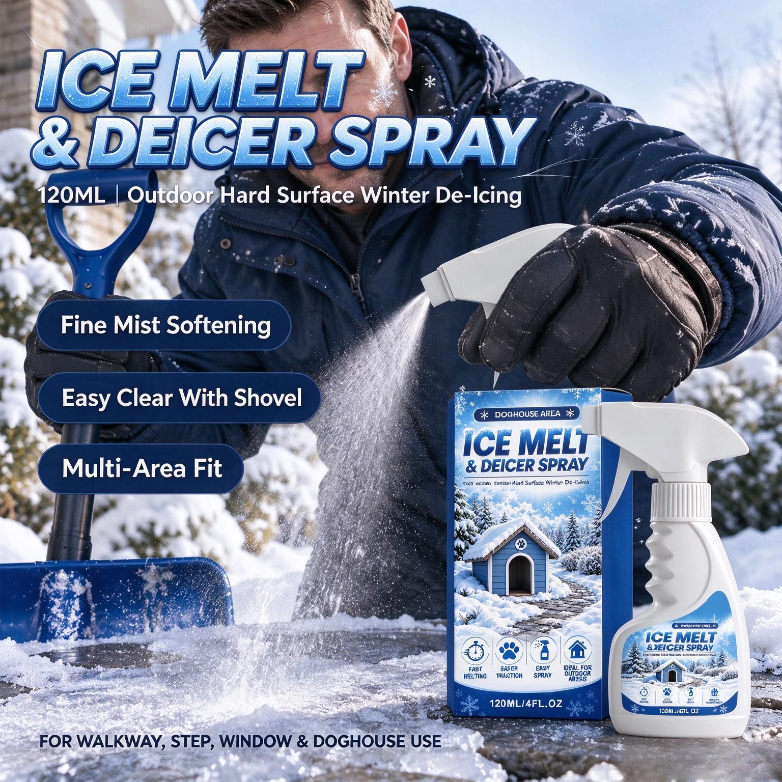 Ice Melt Deicer Spray Outdoor Hard Surface Fine Mist Soft Clear With Snow Shovel Suitable for Walkway Car Winter De-Icing Spray