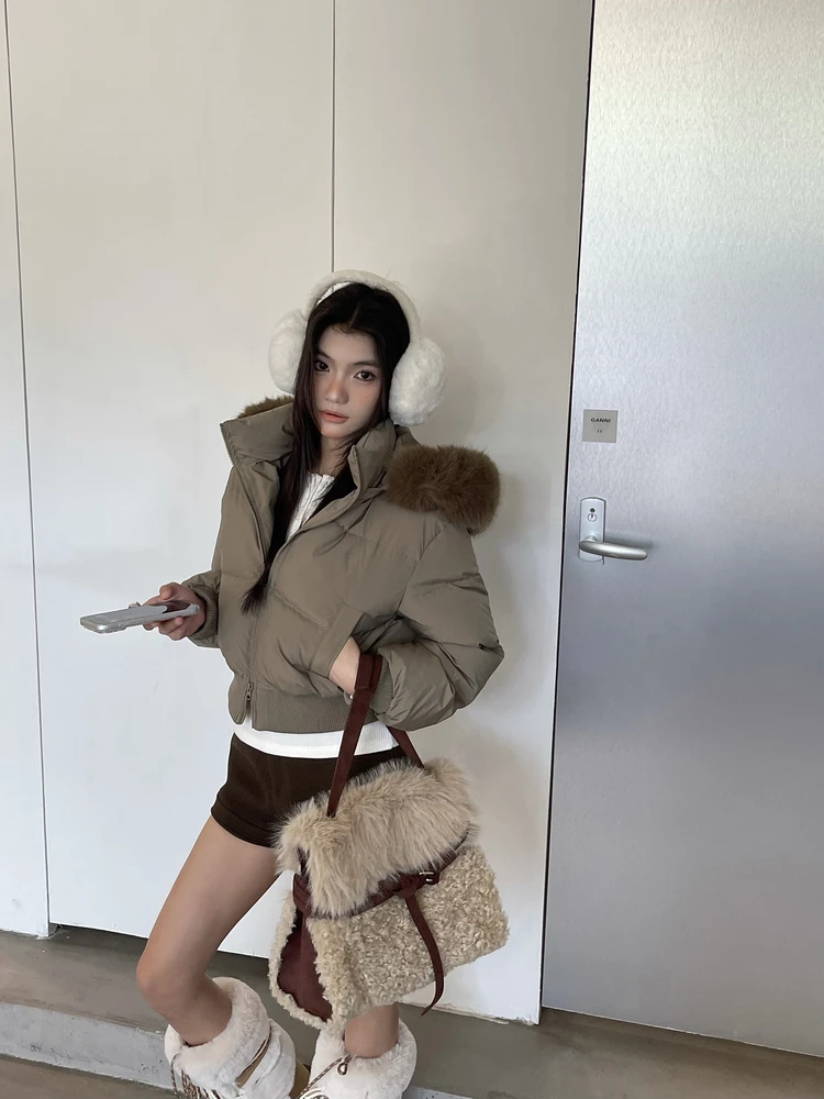 

Женская утепленная пуховая куртка Tagkita с капюшоном, высокой талией, большим меховым воротником, теплая зимняя куртка в корейском стиле, свободный крой