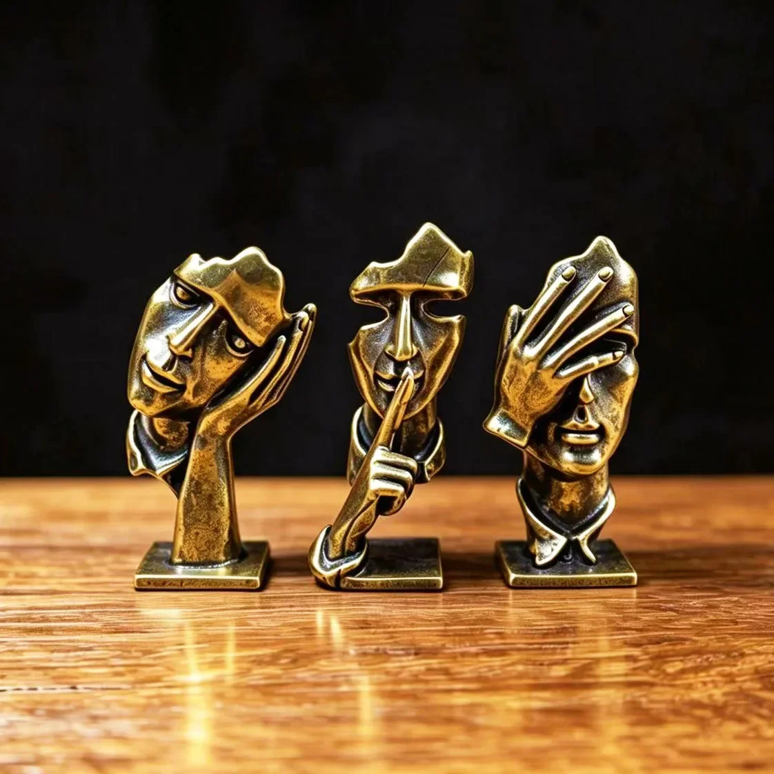 3pcsVintage-Style Brass “See No Evil, Hear No Evil, Speak No Evil” Face Sculpture—Creative Living Room Decor