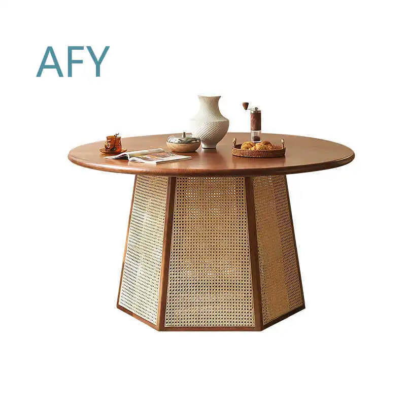 Medieval Style Solid Wood Restaurant Rattan Combination Nordic Hotel Large Round Table for Dining Room for Home for Cafe for