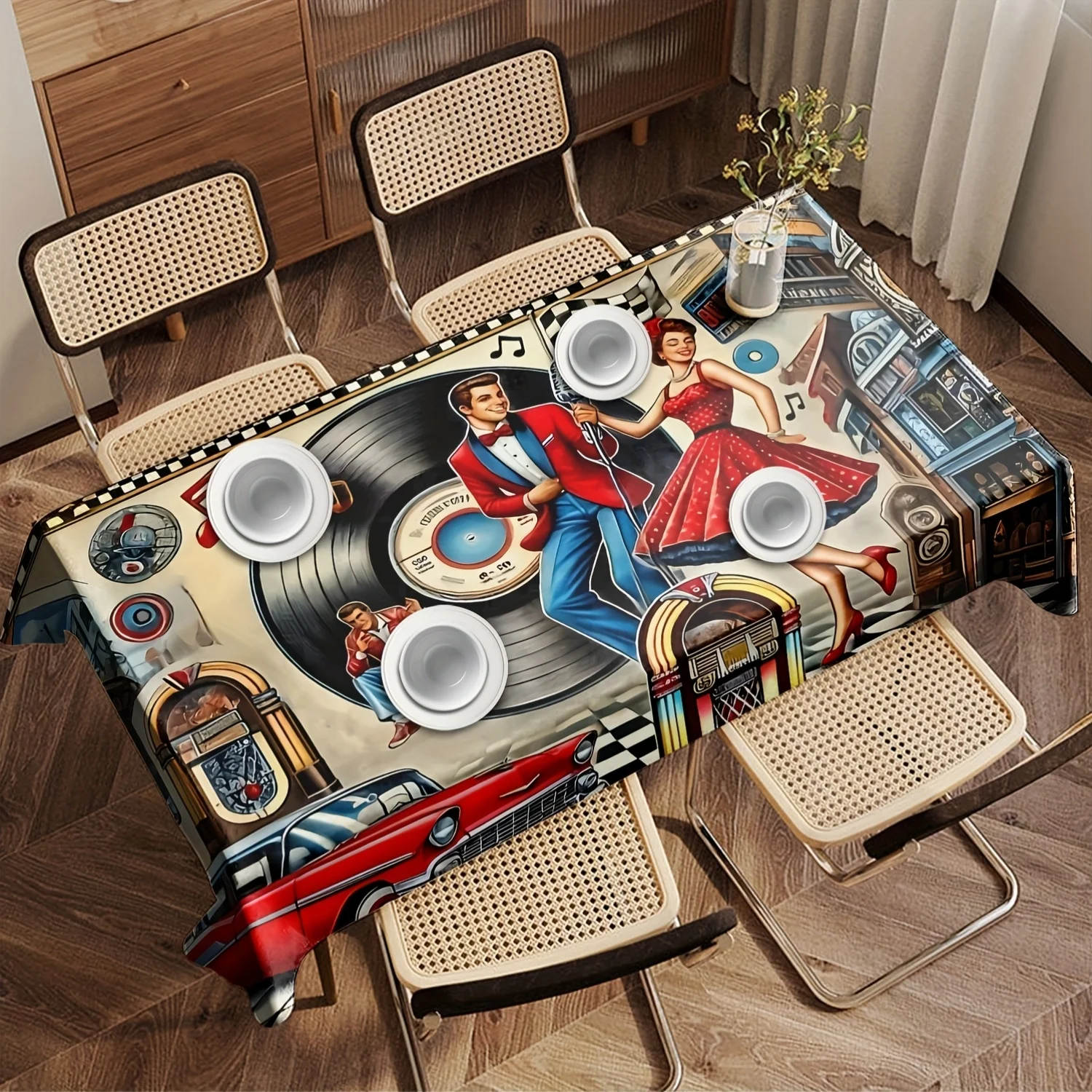 1pc Retro Vinyl Record Party Style Tablecloth, Vintage 1950S American Theme, Easy To Clean Durable Machine Washable Table Cover