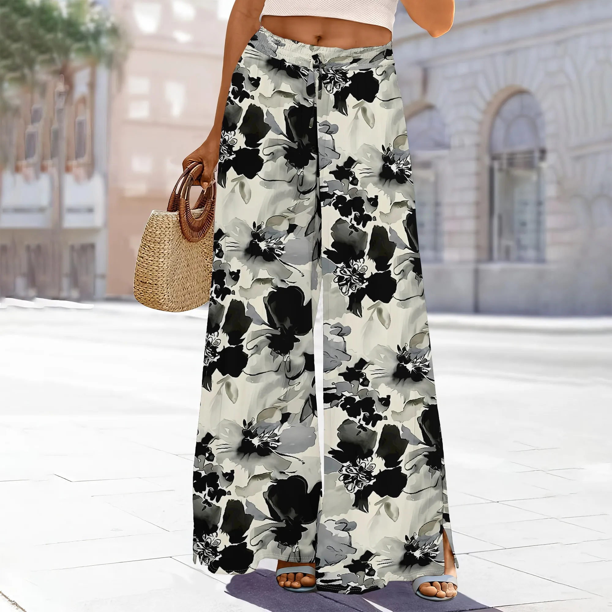 

Women's High-Waisted Floral Wide-Leg Pants Adjustable Waist Pockets Back Slit Polyester Spring Elegant