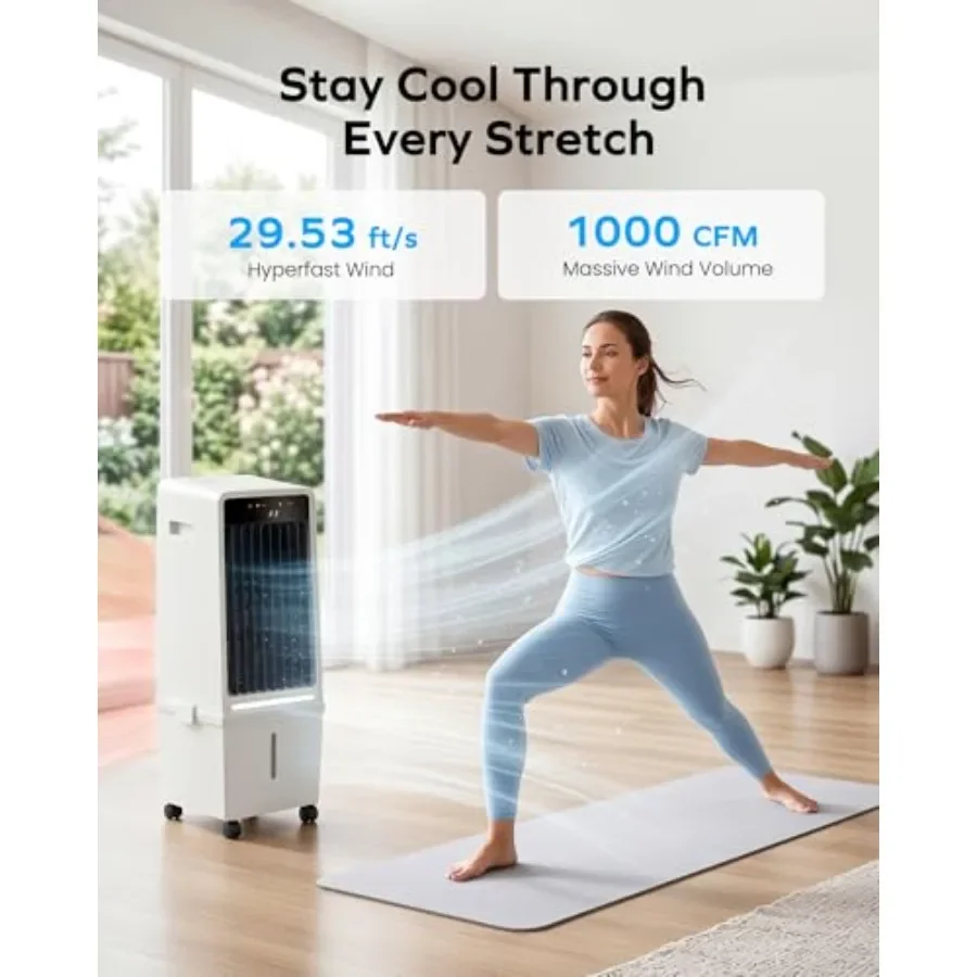 Swamp Cooler for bedroom and office use, plastic housing, white color, 30-inch portable evaporative air cooler with 3.7-gallon